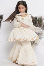 Little Bansi Floral Embroidery Jacket With Cotton Lurex Frock Sharara And Dupatta With Ghungroo Handwork - Cream | Grocsy