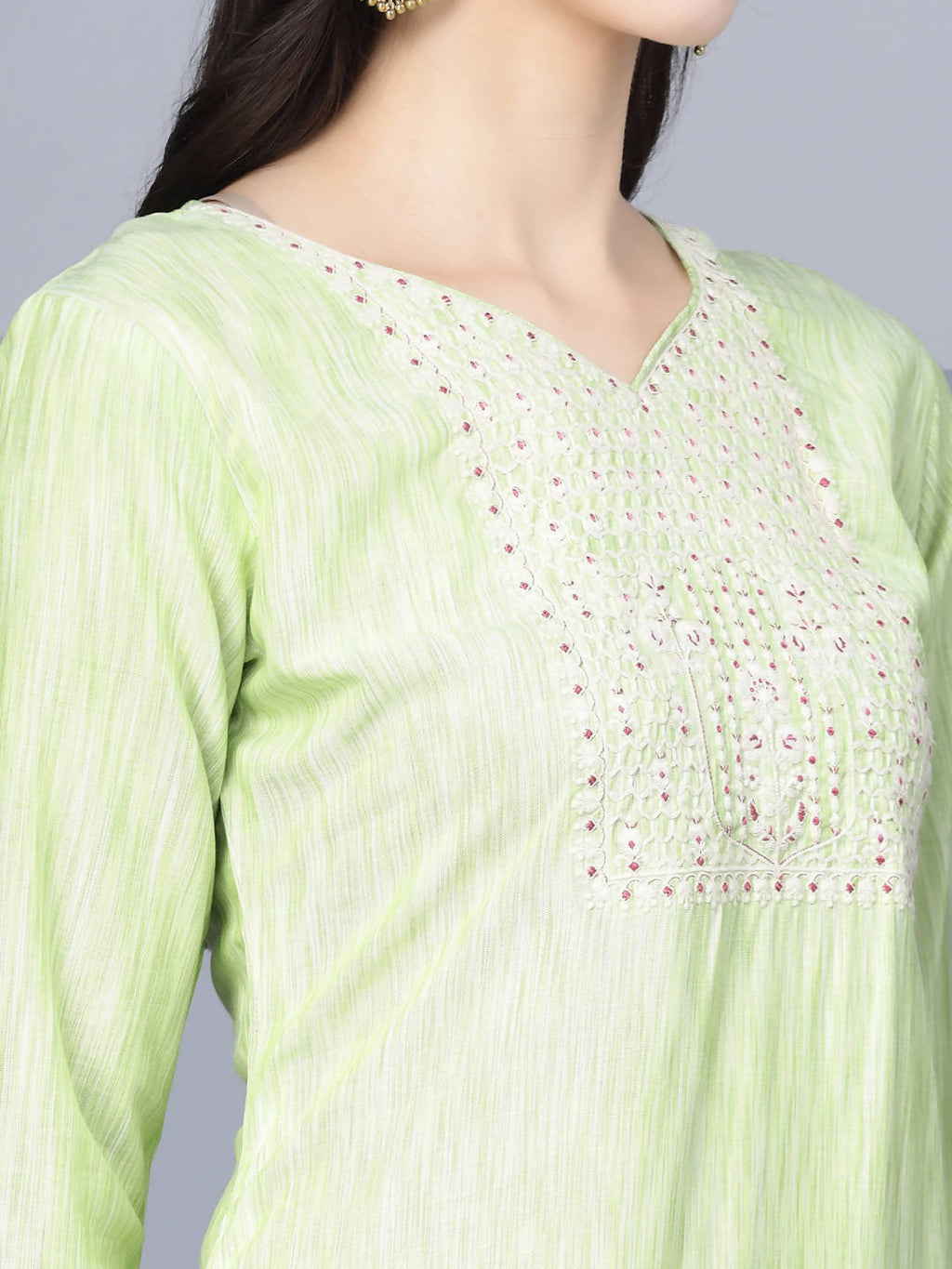 Myshka Women Lime Green Floral Printed Panelled Pure Cotton Kurti with Trousers With Dupatta | Grocsy