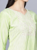 Myshka Women Lime Green Floral Printed Panelled Pure Cotton Kurti with Trousers With Dupatta | Grocsy