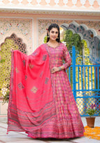 Functional Designer Dark Pink Dola Silk Anarkali suit with Dupatta - Ramya | Grocsy
