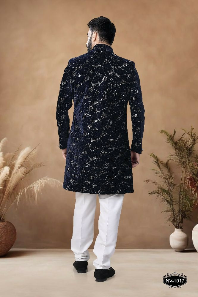 Joban Fashion Men's Blue Straight Velvet Thread & Sequence Embroidery All Over Indo-Western Kurta Set | Grocsy