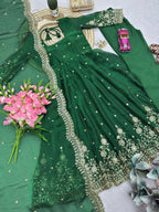Teeya Creation Womens New Latest Trendy Elegant Green Embroidered Anarkali Suit Set with Scalloped Dupatta | Grocsy