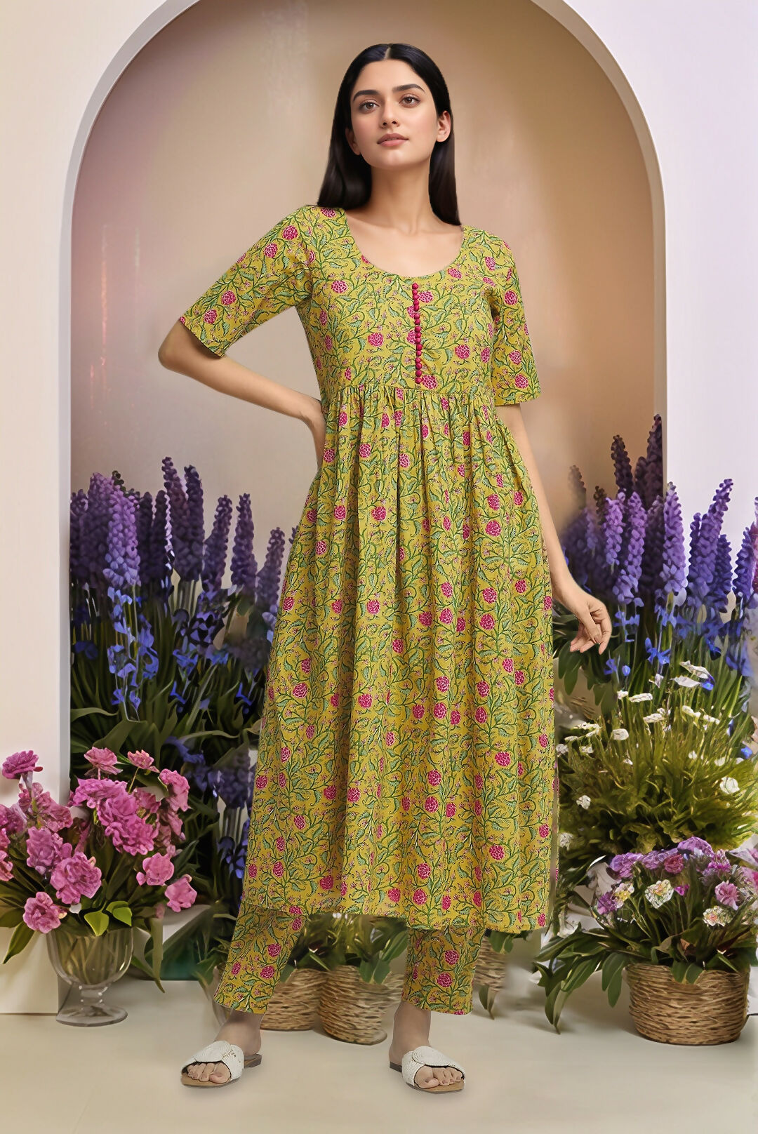 Joban Fashion Printed Mustard Yellow Gather Kurta And Pant | Grocsy