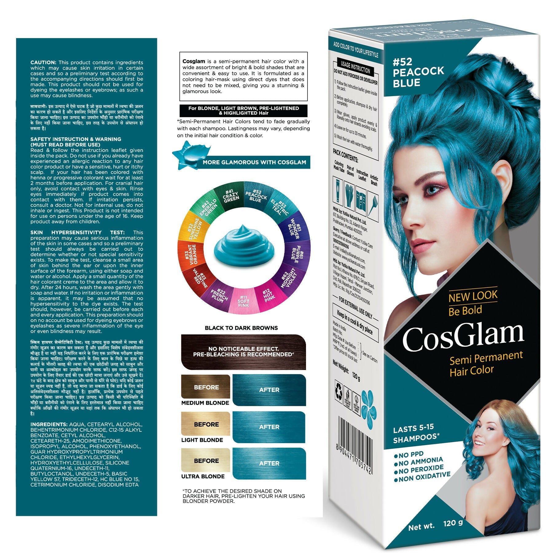 Cosglam Semi Permanent Hair Color for Women & Men (#52 Peacock Blue) | Grocsy