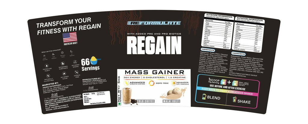 Reformulate Regain I Mass Gainer with Added Pre and Pro Biotics I 364 Energy | 1.5 Creatine - Cold Coffee & Malai Kulfi | Grocsy