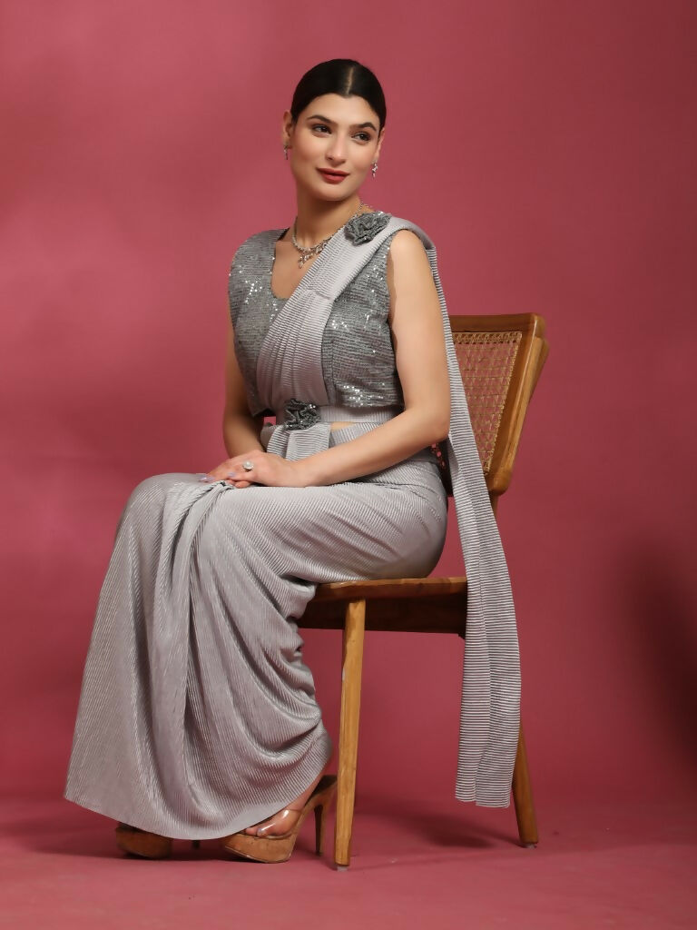 Grey Imported Crush Lycra Texture Pattern Ready to Wear Saree with stitched Blouse - Nirvana | Grocsy