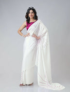 Vastranavya White Retro Wavy Polka Stripes Freehand Ready to Wear Saree | Grocsy