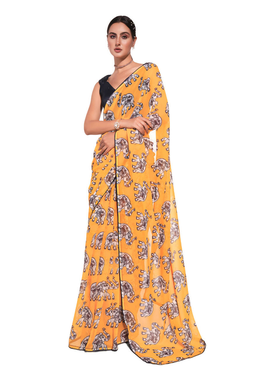 Yellow Georgette Animal Printed Saree With Unstitched Blouse Piece - Rajal | Grocsy