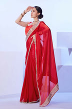 Red Satin Jimmy Choo Solid Designer & Lace Work Saree - Samaa | Grocsy