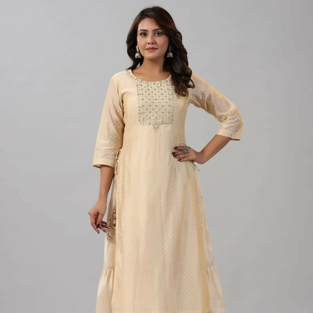 Juniper Women Gold Chanderi Printed Layered Maxi Dress with Embroidered Yoke | Grocsy