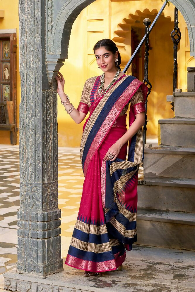 PR Fashion Pink Poly Cotton Printed With Zari Weaving Work Saree | Grocsy
