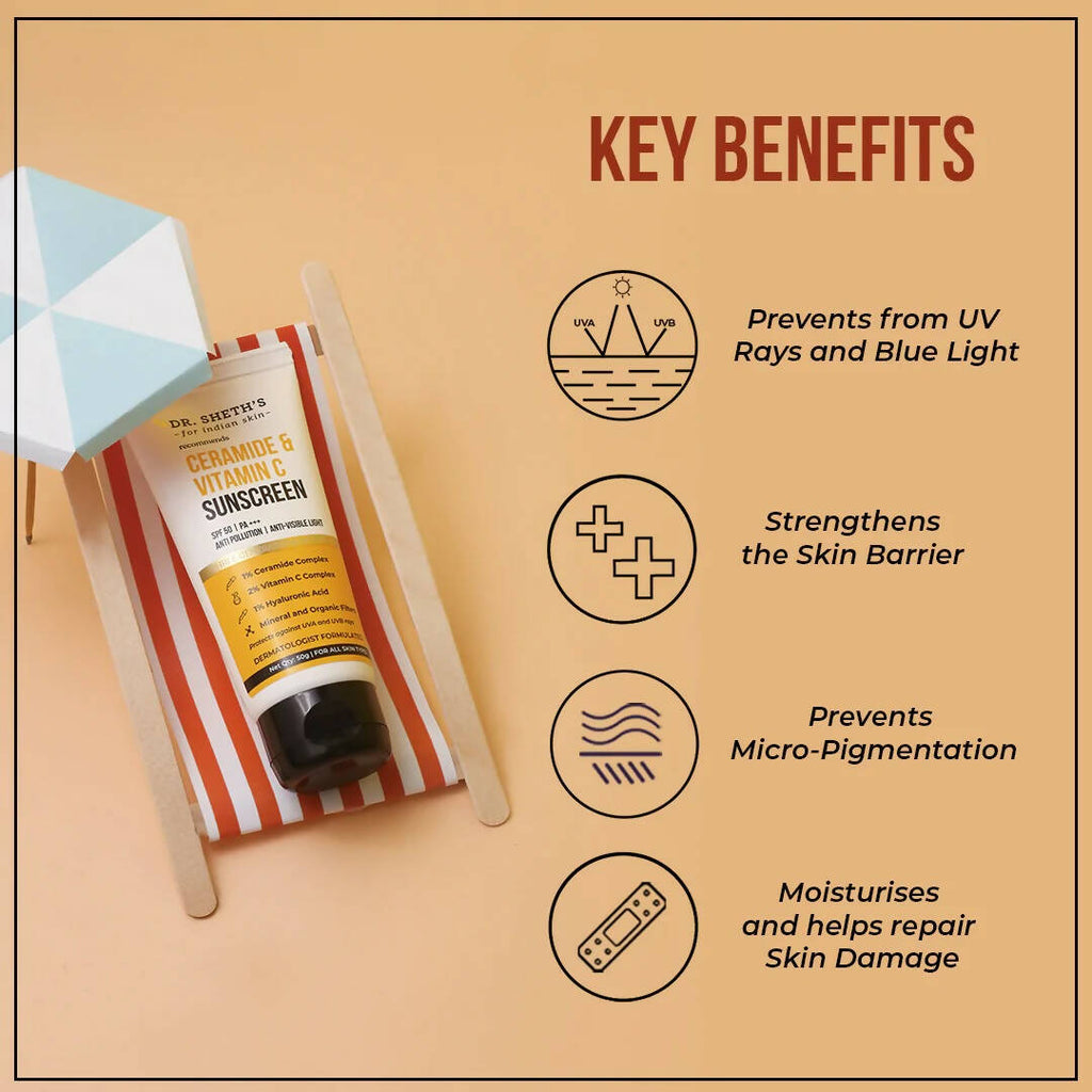 Dr. Sheth's Ceramide & Vitamin C Sunscreen SPF 50+ PA+++ UVA UVB Sun Protection, For All Skin Types | Grocsy