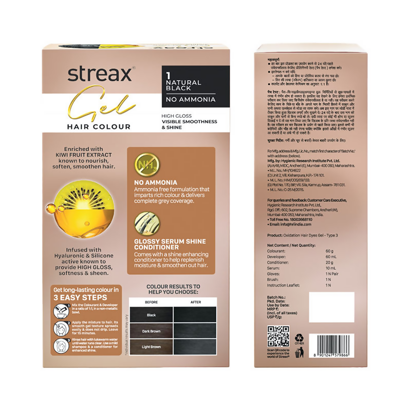 Streax Gel No Ammonia 100% Grey Coverage Hair Color - Natural Black | Grocsy