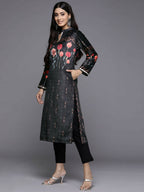 Ahalyaa Women Black & Red Floral Printed Gotta Patti Floral Velvet Kurta | Grocsy
