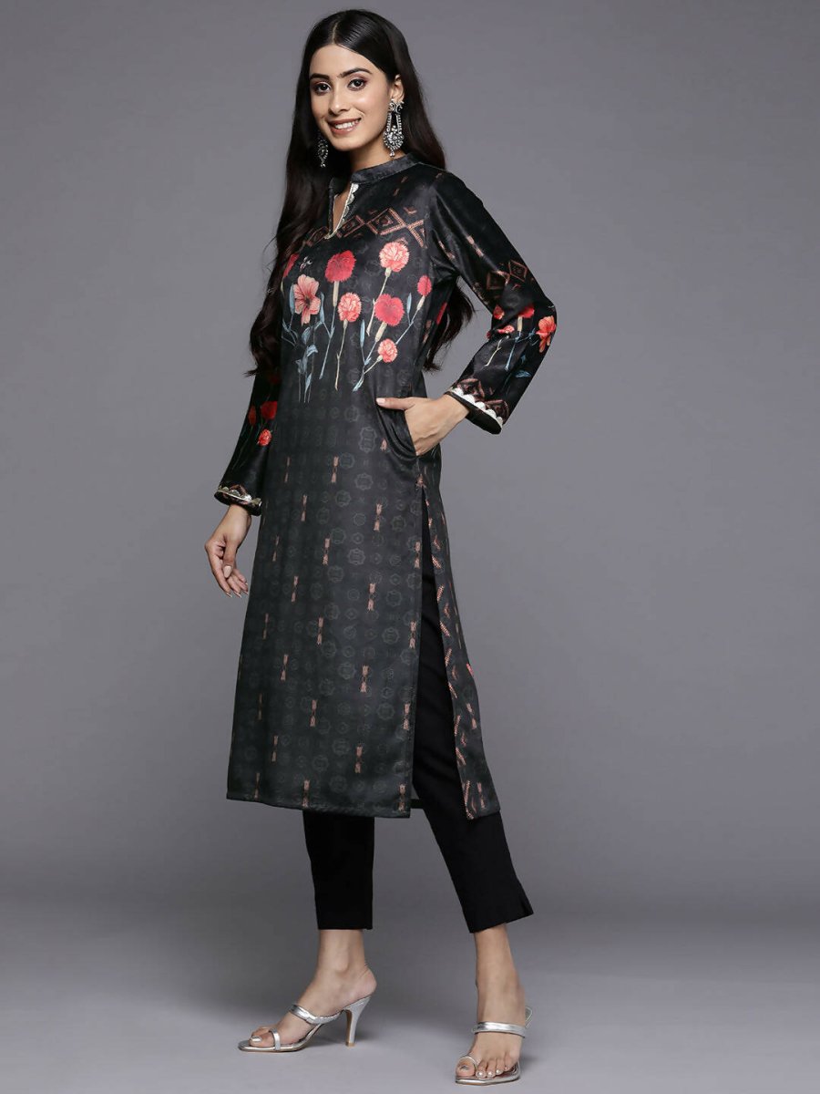 Ahalyaa Women Black & Red Floral Printed Gotta Patti Floral Velvet Kurta | Grocsy