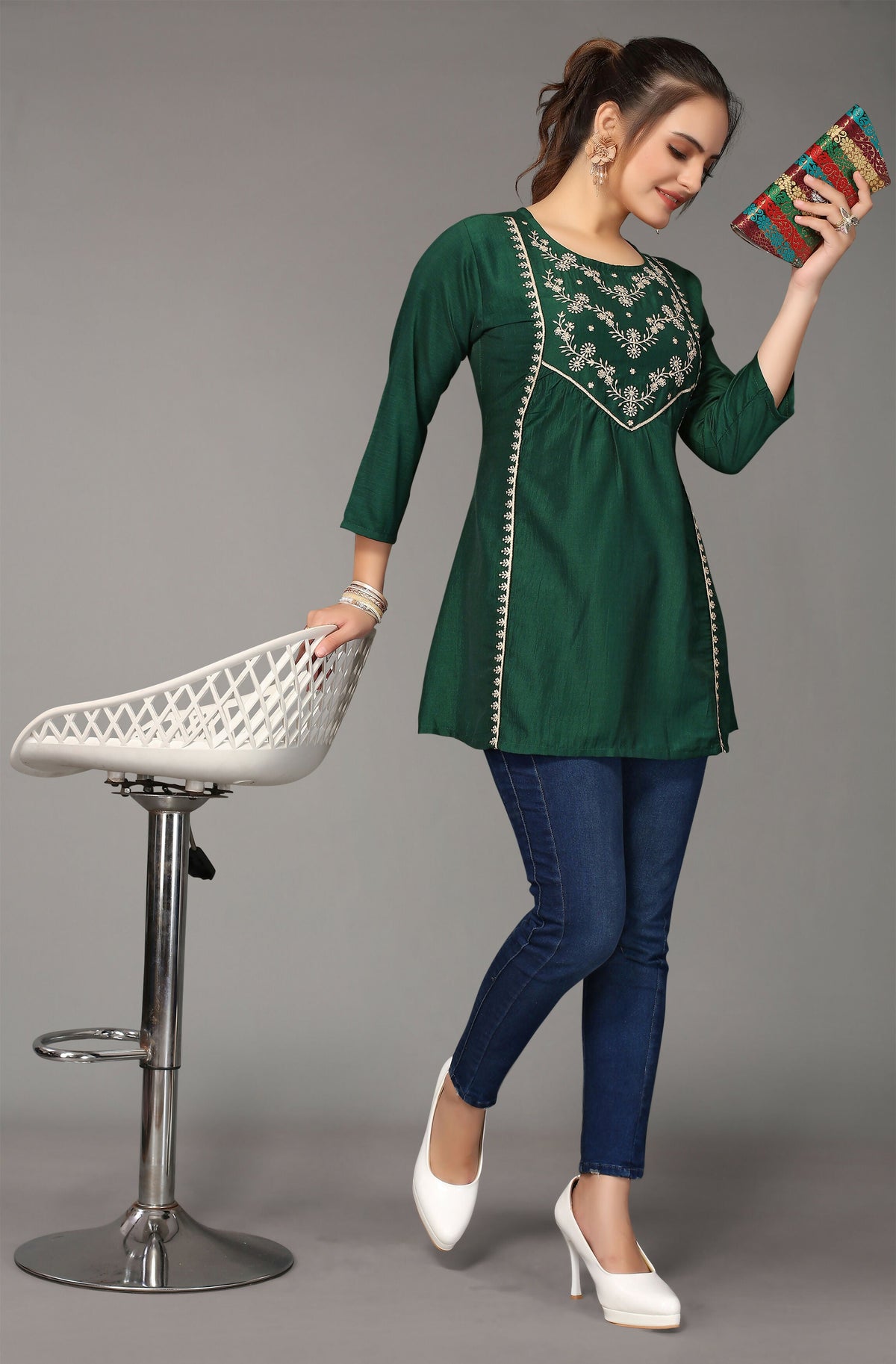 Women's Dark Green Viscose blend Embroidered Short Top - Marina | Grocsy