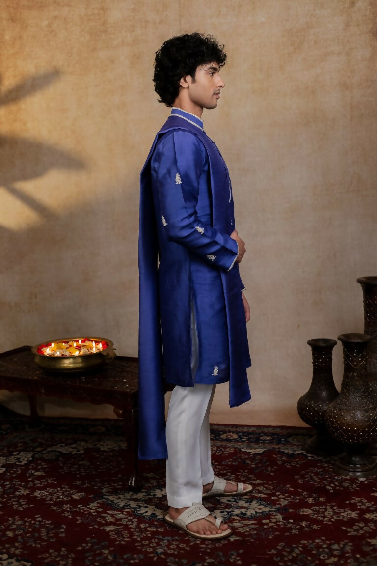 Falling Raw Silk Dark Blue Silver Stitches Kurta Set By Hilo Design | Grocsy