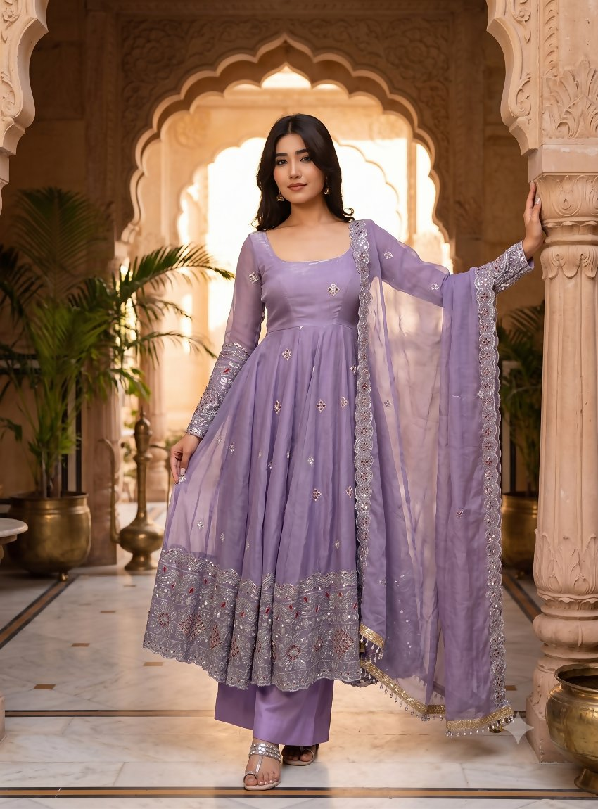 Teeya Creation Designer Lavender Ethnic Suit Set With Heavy Embroidery And Dupatta | Grocsy