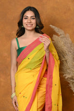 Very Much Indian Handloom Pure Cotton Saree With Sleek Border - Yellow | Grocsy
