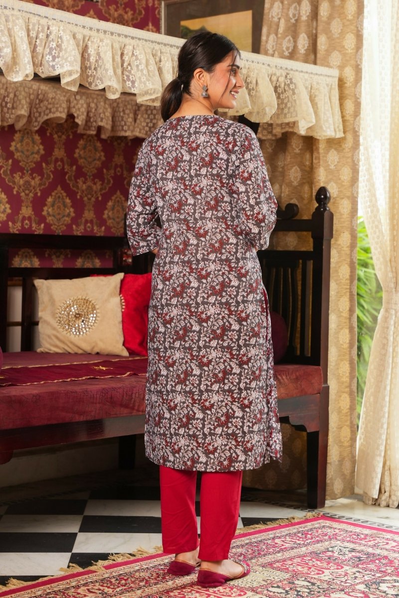 Aramya Straight Soft Cotton Floral Print Women's Kurta - Grey | Grocsy