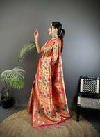 Joban Fashion Pastel Red Mughal-Inspired Motifs Soft Silk Paithani Saree | Grocsy