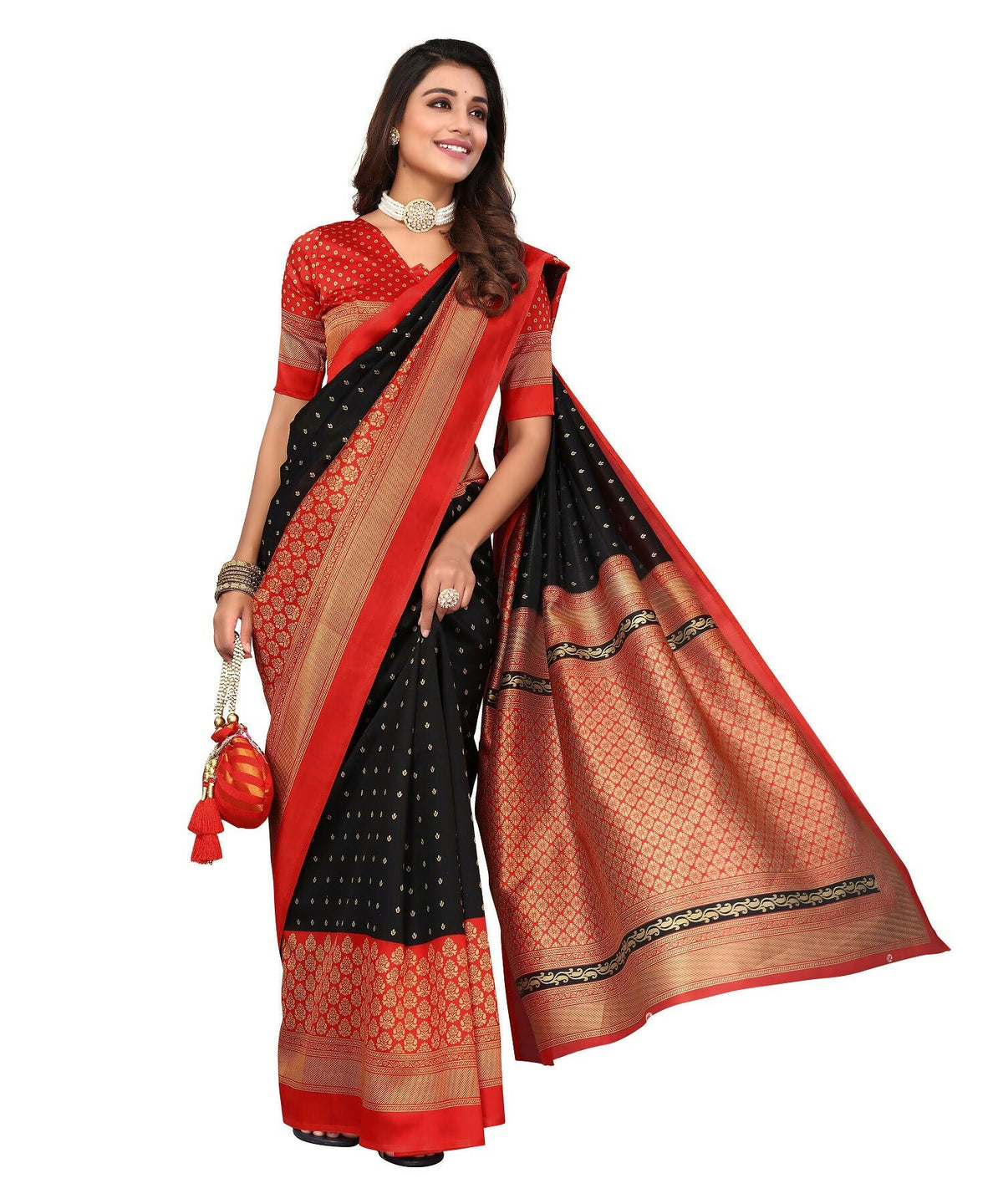 Vamika Black Printed Art Silk Saree | Grocsy