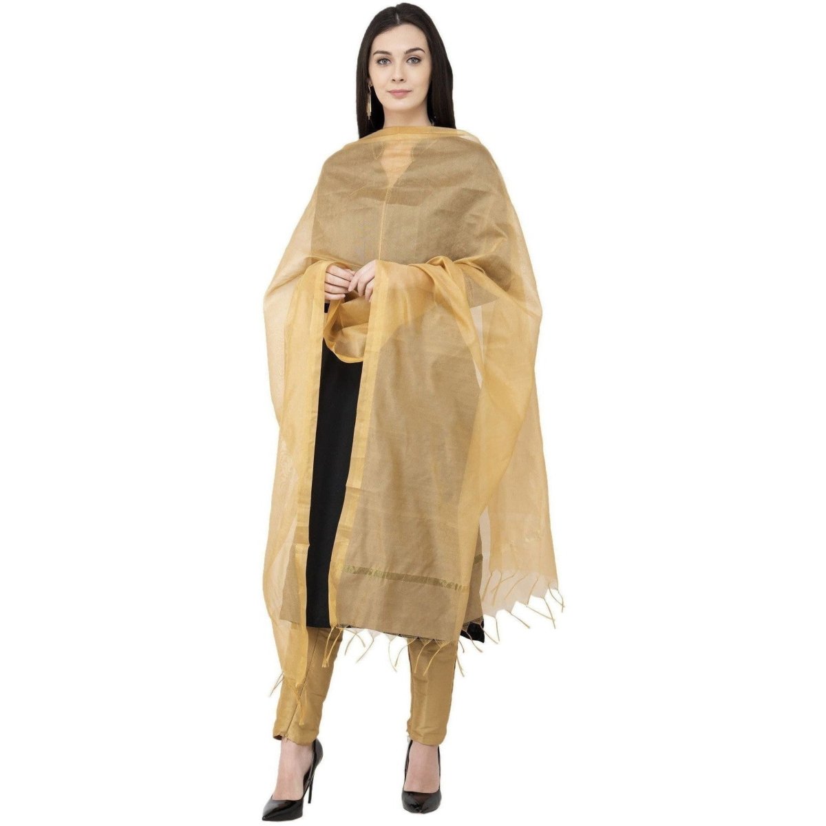 A R Silk Chanderi Piping Regular Dupatta Golden Color Dupatta or Chunni | Grocsy