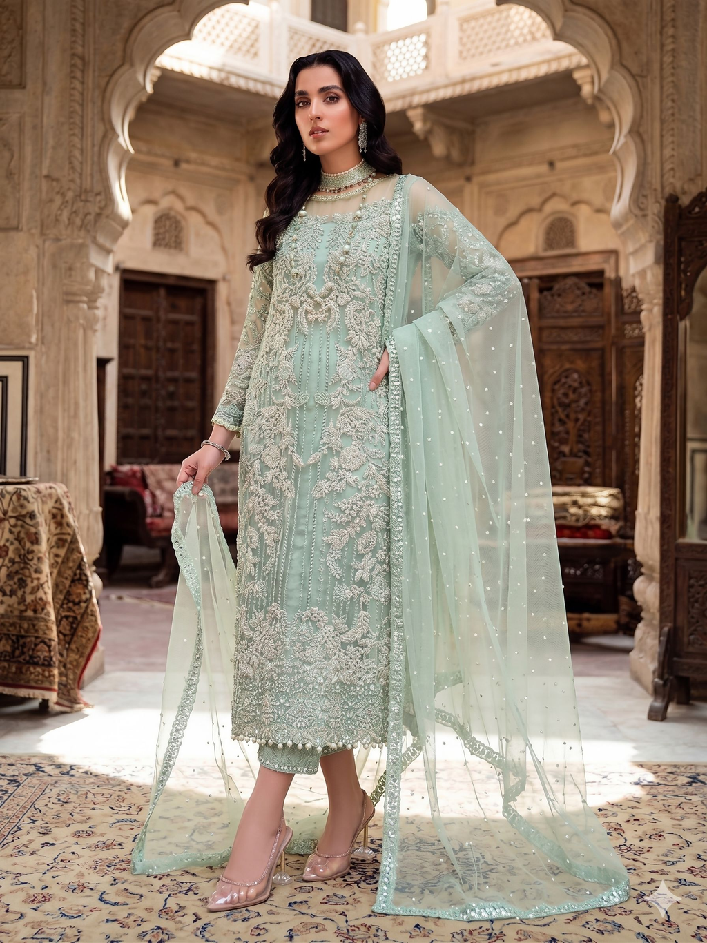 Teeya Creation Womens New Soft Net With Heavy Embroiedery With Sequence Work Light-Green Kurta Set | Grocsy