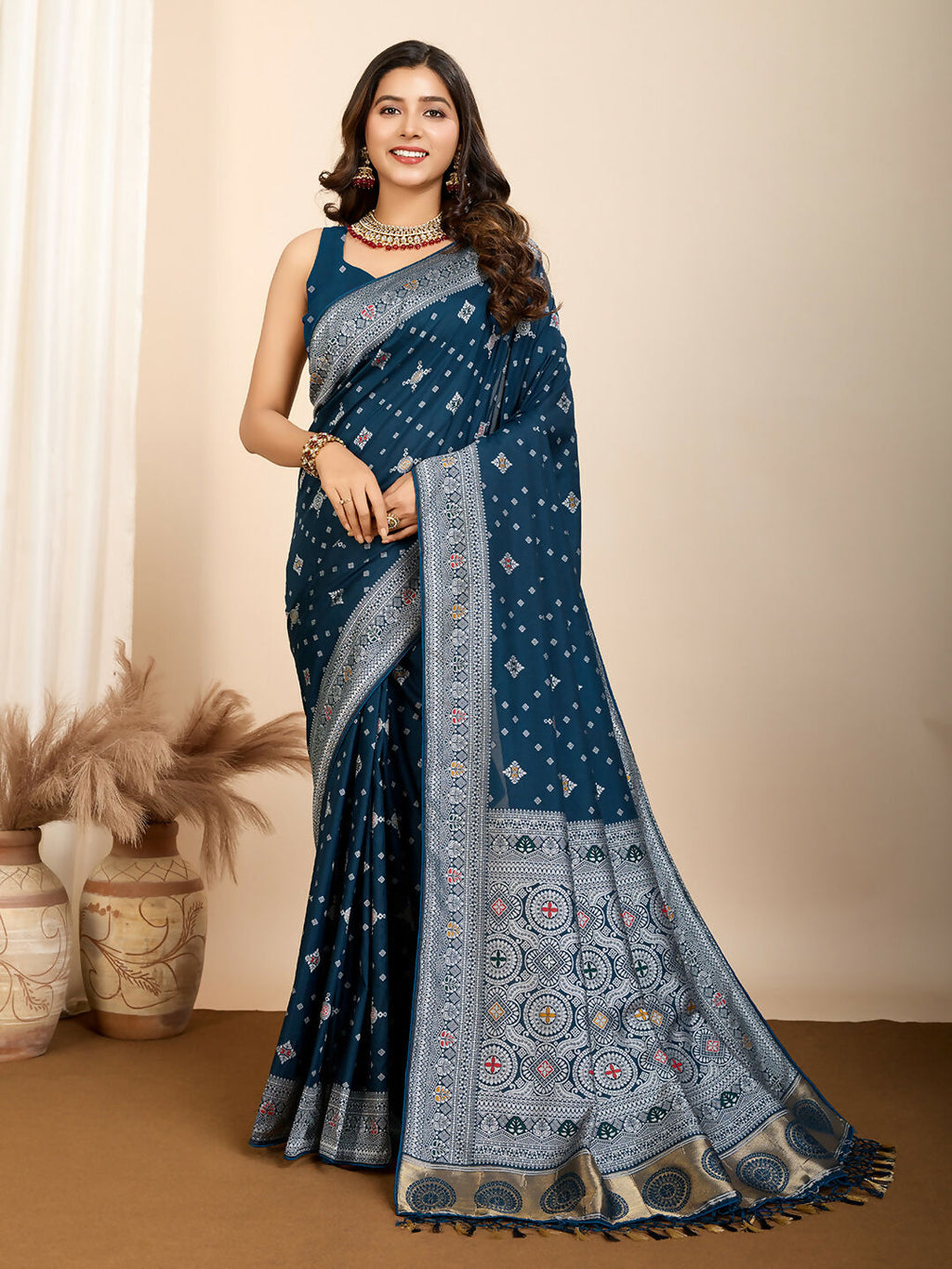 Teal Blue Soft Silk Woven Meenakari Designer Saree - Vedanti | Grocsy