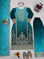 The52 Women's Gorgeous Chinon silk Fabric Embroidery Work Straight Kurta Palazzo and Dupatta Set | Grocsy