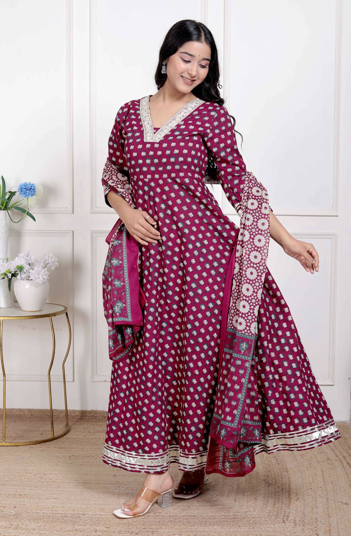 Miravan Women's Maroon embroidered Anarkali Kurta and Dupatta | Grocsy