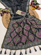 Vastranavya Black Muga Cotton Meenakari & Azarakh Pallu Saree with Contrast Blouse | Grocsy