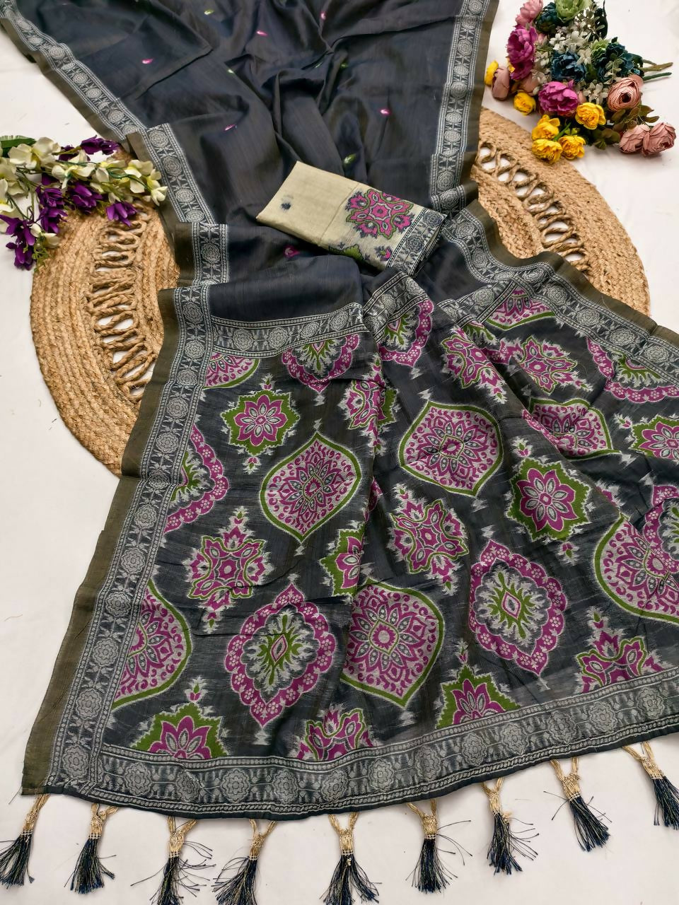 Vastranavya Black Muga Cotton Meenakari & Azarakh Pallu Saree with Contrast Blouse | Grocsy