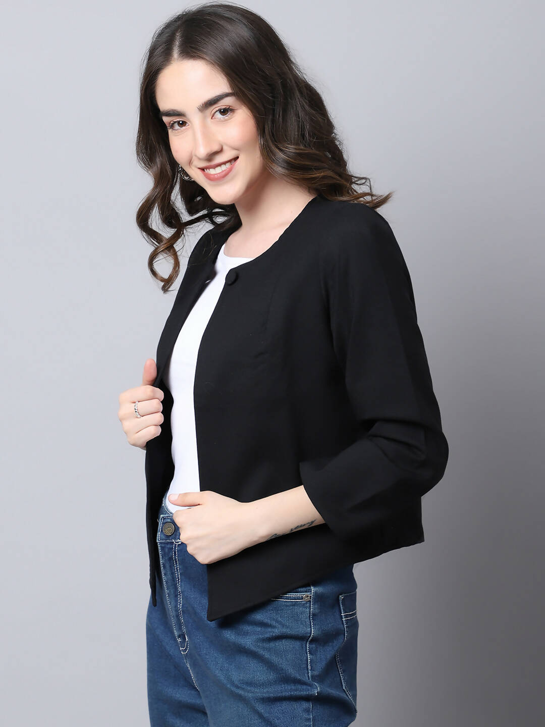 Even Apparels Black Linen Cotton Open Front Statement Women's Jacket | Grocsy