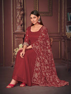 Jyoti Fashion Women's Maroon Georgette Embroidered Anarkali Kurta Pant Set With Dupatta | Grocsy