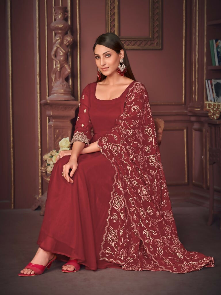 Jyoti Fashion Women's Maroon Georgette Embroidered Anarkali Kurta Pant Set With Dupatta | Grocsy