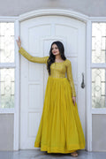 Jyoti Fashion Women's Yellow Sequence Zari Embroidered Faux Blooming Anarkali Dress | Grocsy