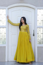 Jyoti Fashion Women's Yellow Sequence Zari Embroidered Faux Blooming Anarkali Dress | Grocsy