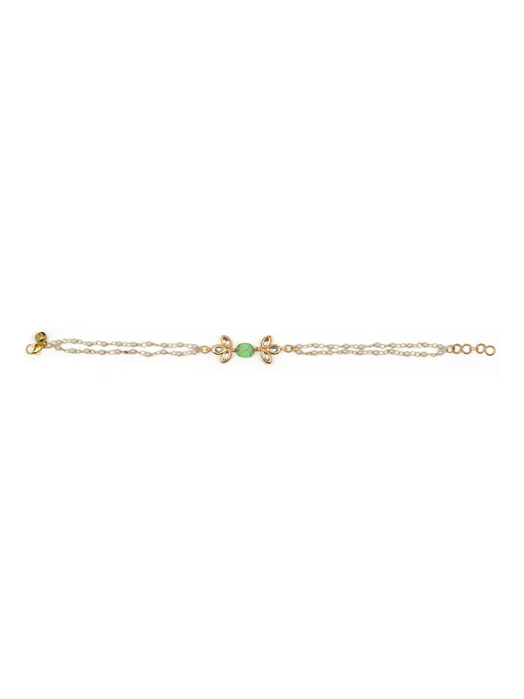 Gold-Polished Green White Kundan Beads Anklet Set Of 2 - Ruby Raang | Grocsy