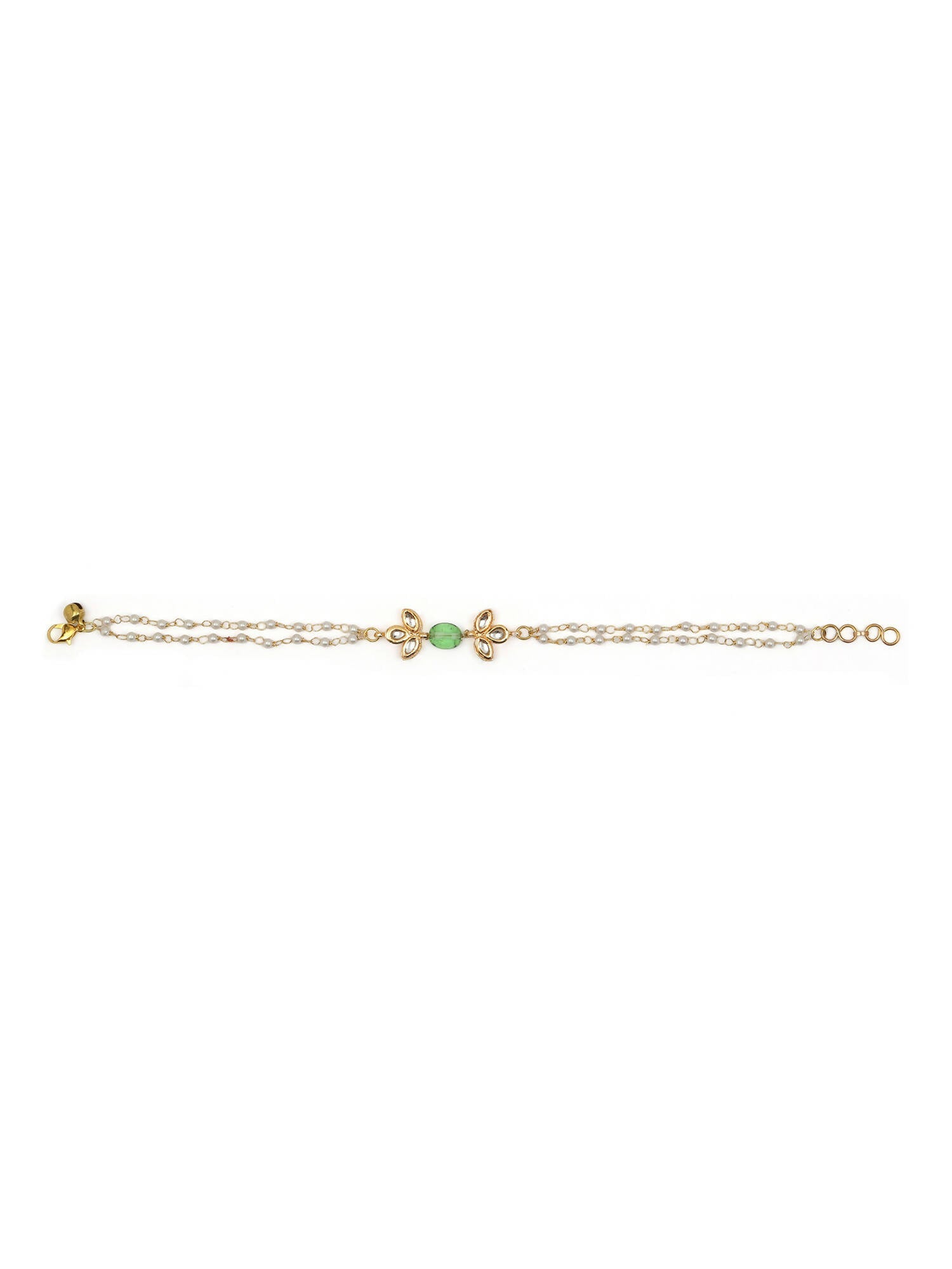 Gold-Polished Green White Kundan Beads Anklet Set Of 2 - Ruby Raang | Grocsy