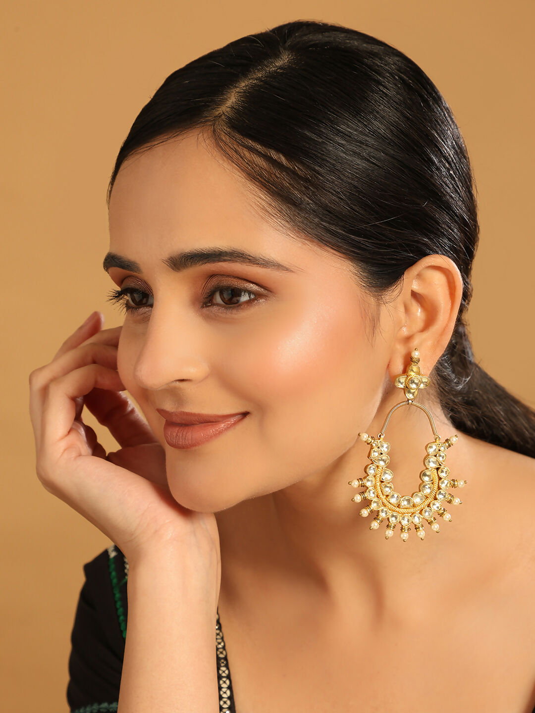 Nuyug 22k Gold Plated Royal Pearl Accent Kundan Earrings | Grocsy