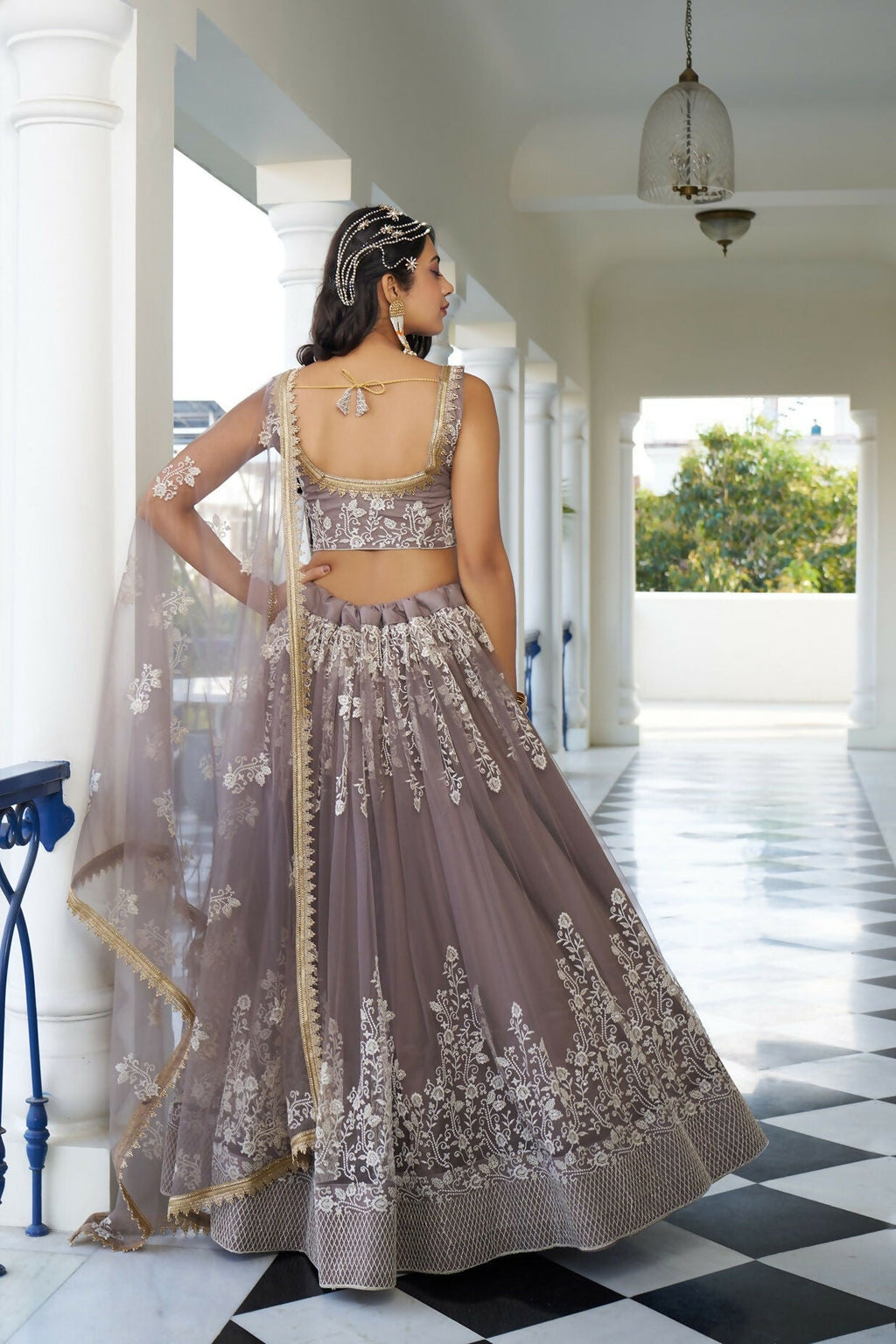 Eilara Glamorous Light Dusty Brown Butterfly Net With Thread And Sequins Embroidered Work Lehenga Choli | Grocsy