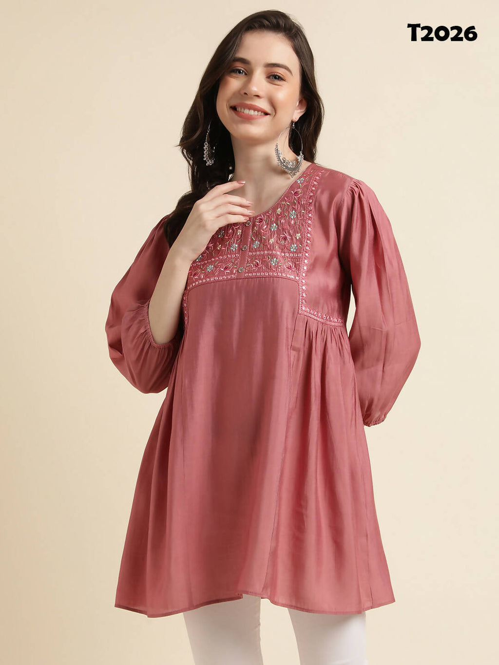 Pink Chinon Yoke Embroidered A-line Top - Tarini | Grocsy