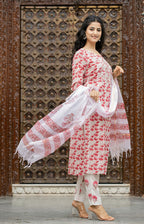 Kaajh Women's Pink Floral Cotton Handblock Salwar Suit Set | Grocsy