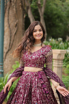 Lorenvalley Wine Pure Viscose Jacquard with Golden Embroidered Sequins work Lehenga Choli | Grocsy