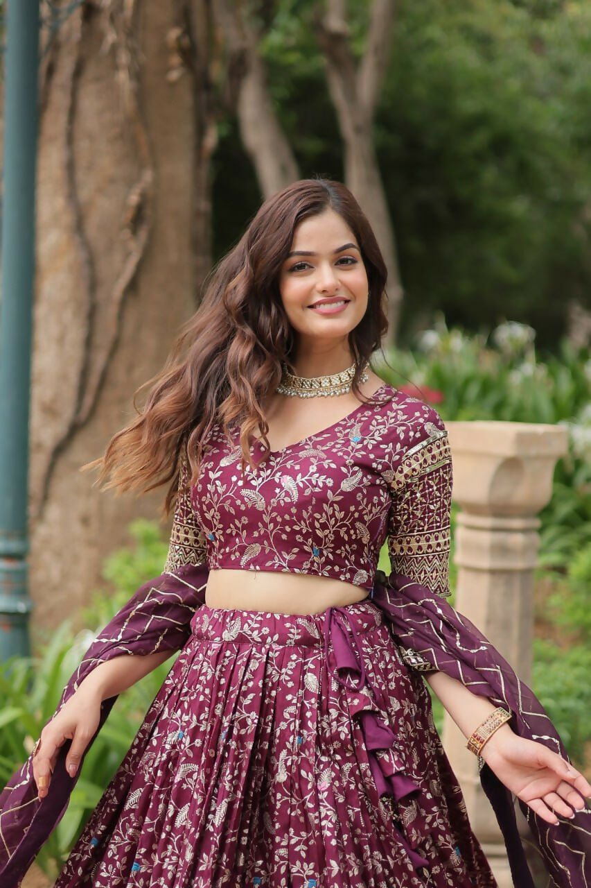 Lorenvalley Wine Pure Viscose Jacquard with Golden Embroidered Sequins work Lehenga Choli | Grocsy