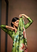 Green Satin Digital Printed Saree with Unstitched Blouse Piece - Jodha | Grocsy