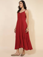 Janasya Women's Red Georgette Foil Printed Festive Flared Dress Set | Grocsy