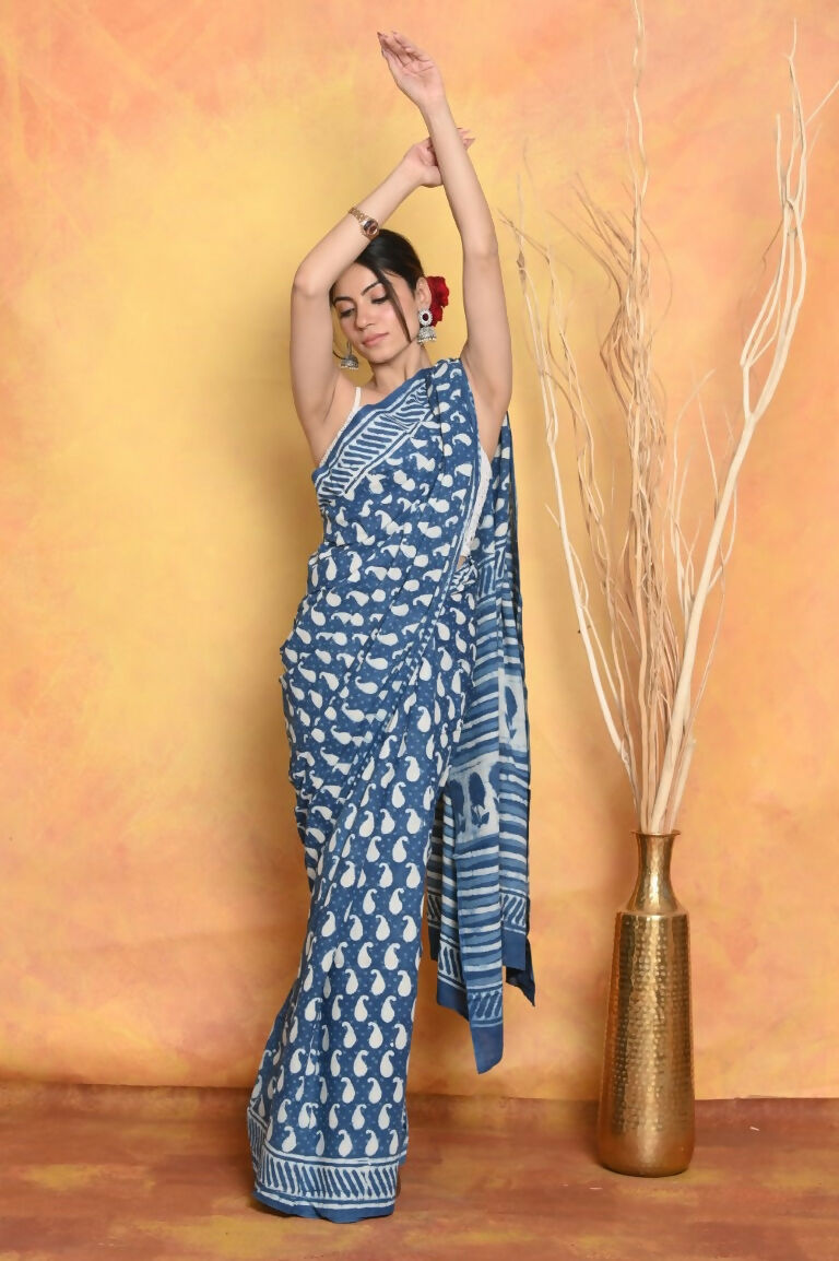 Very Much Indian Handblock Printed Cotton Saree With Natural Dyes - Blue | Grocsy