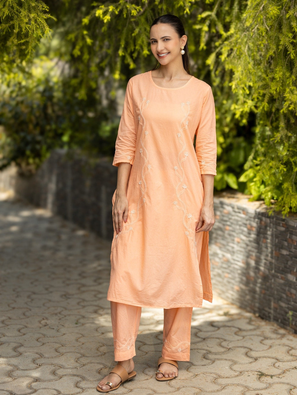 Gharana India Mul Cotton 2 Pc Peach Chikankari Kurta Set | Grocsy